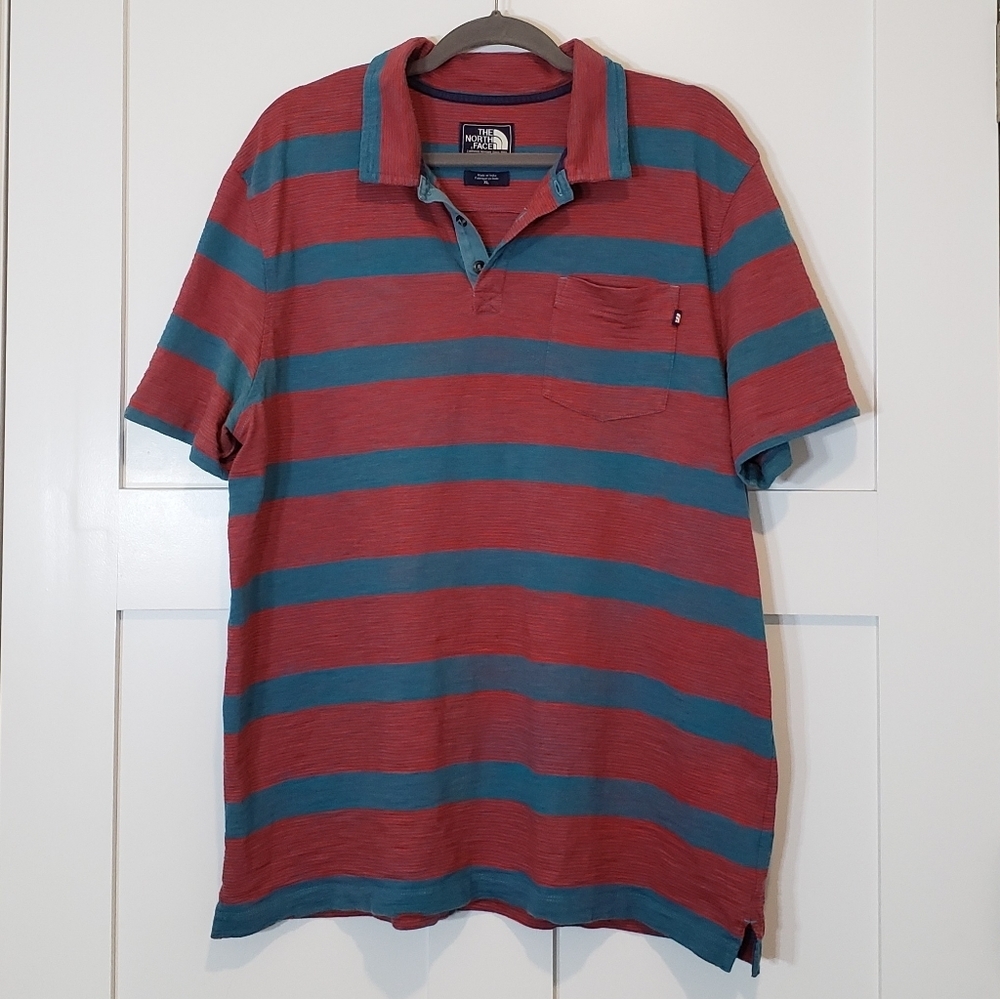 The North Face Polo Size XL Red Blue Striped Left Chest Pocket
